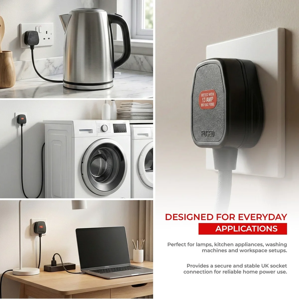 Set of four UK plug replacement units with 3-pin 13A fused plugs, ABS casing, and brass terminals visible on a white background