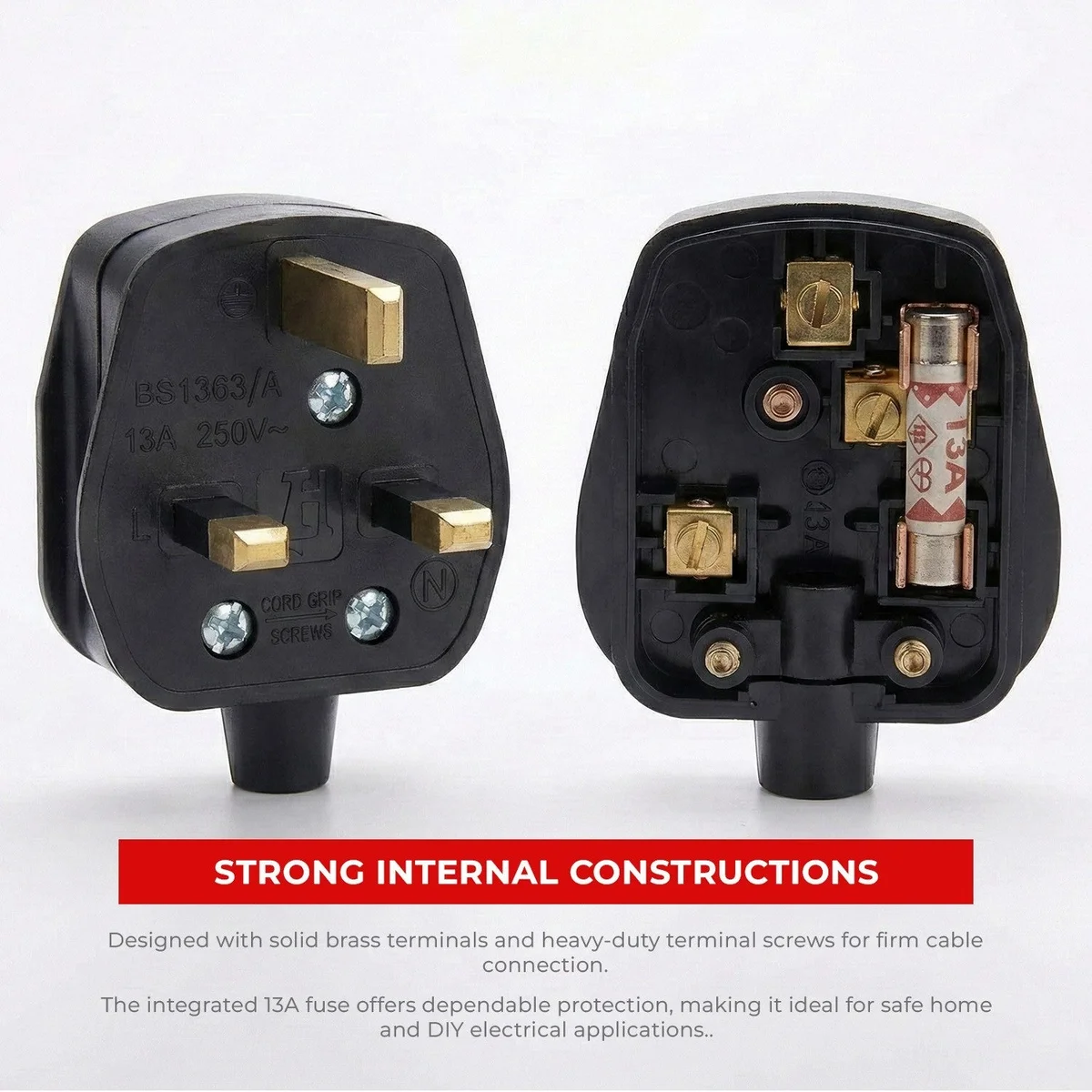 Set of UK fused power plugs with 3 pins, ABS casing, brass terminals, and pre-fitted 13A cartridge fuses displayed on white background