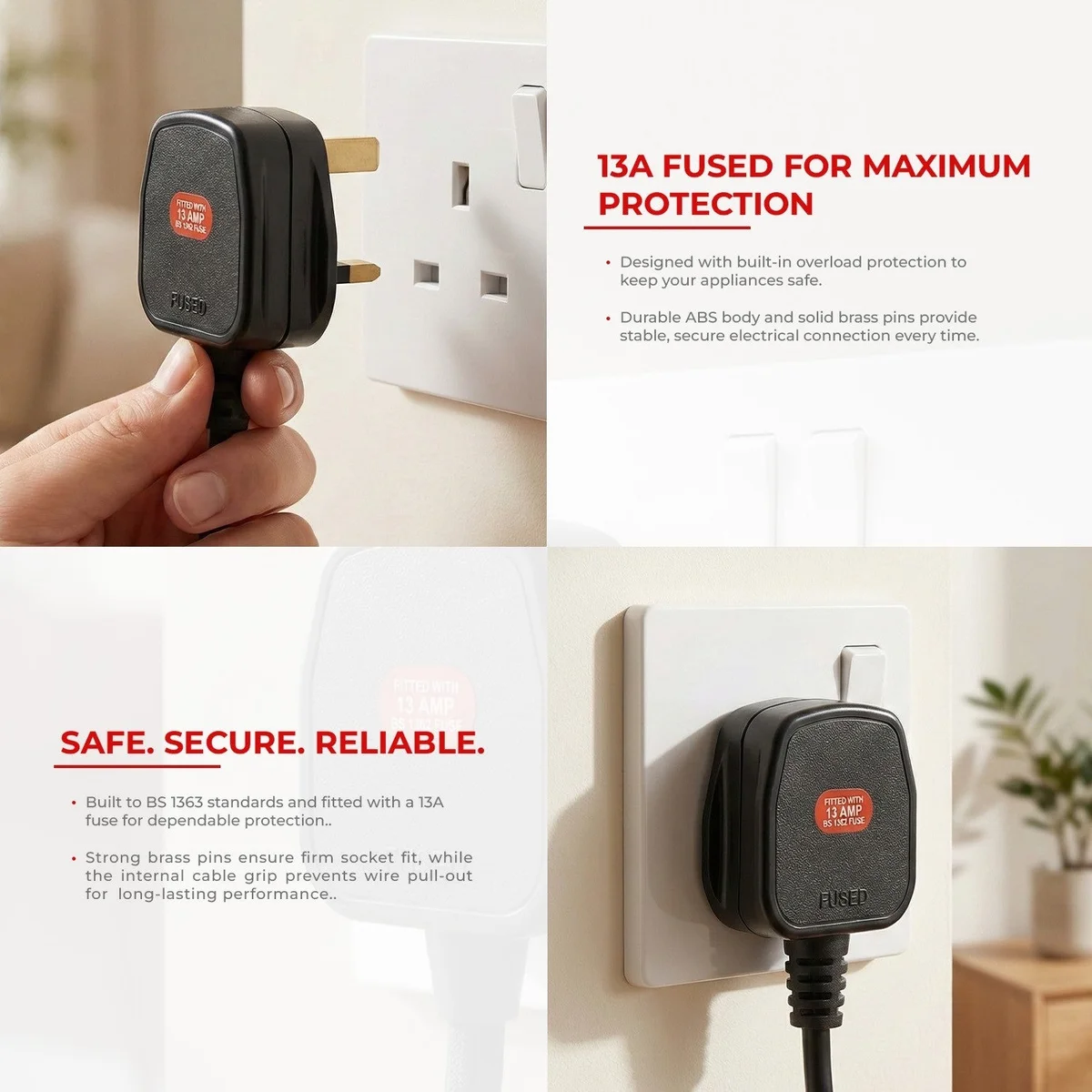 Set of 4 UK 3 pin 13A fused 250V AC plugs with ABS casing and solid brass terminals for safe electrical connections