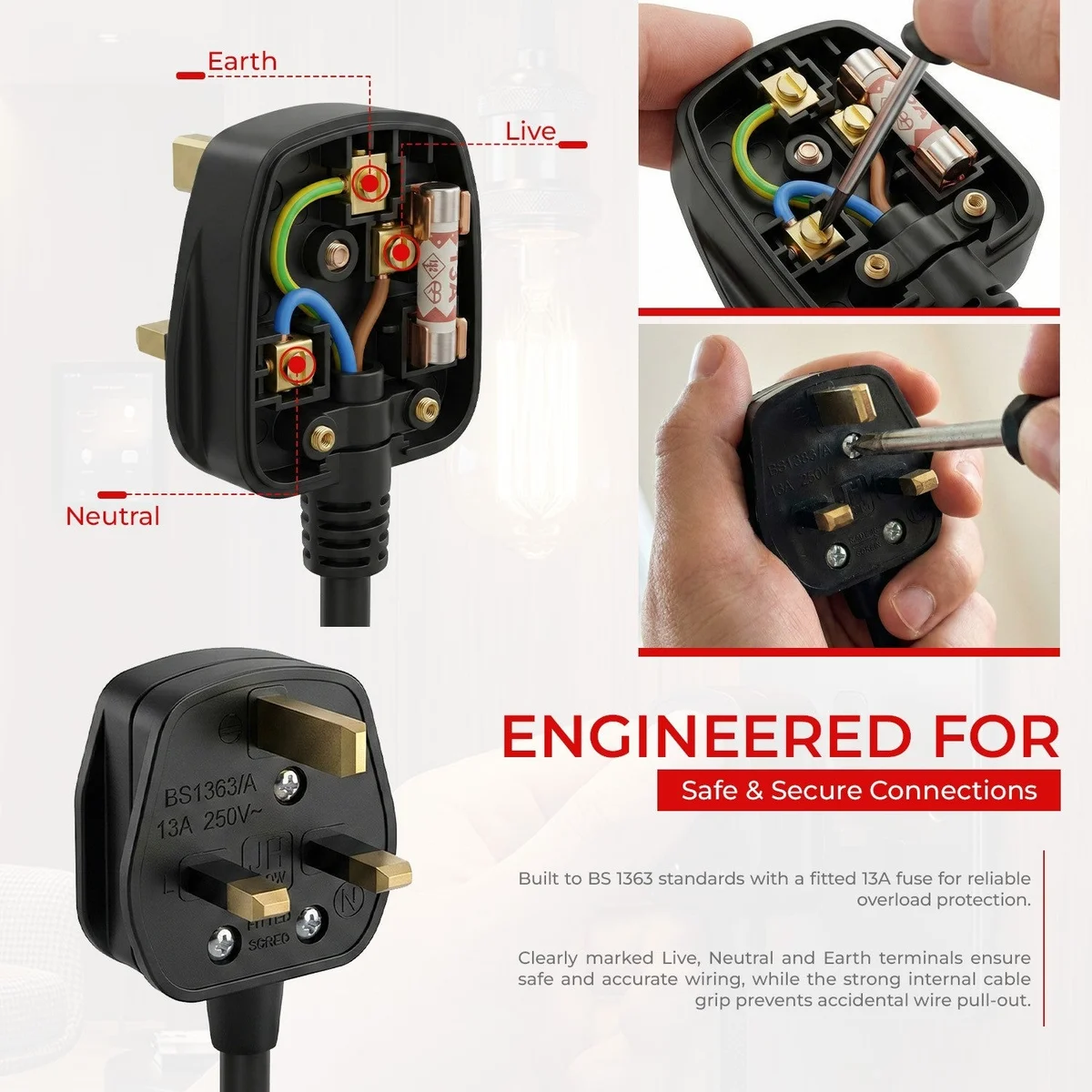 Set of six UK 3 pin plugs with white ABS casing, solid brass pins, and pre-fitted 13A cartridge fuses shown side by side
