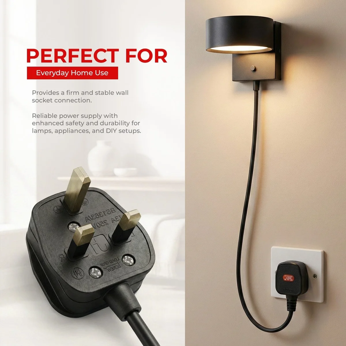 Set of UK 3 pin plugs with ABS casing, solid brass pins, pre-fitted 13A fuses, and heavy-duty cable grips shown on white background