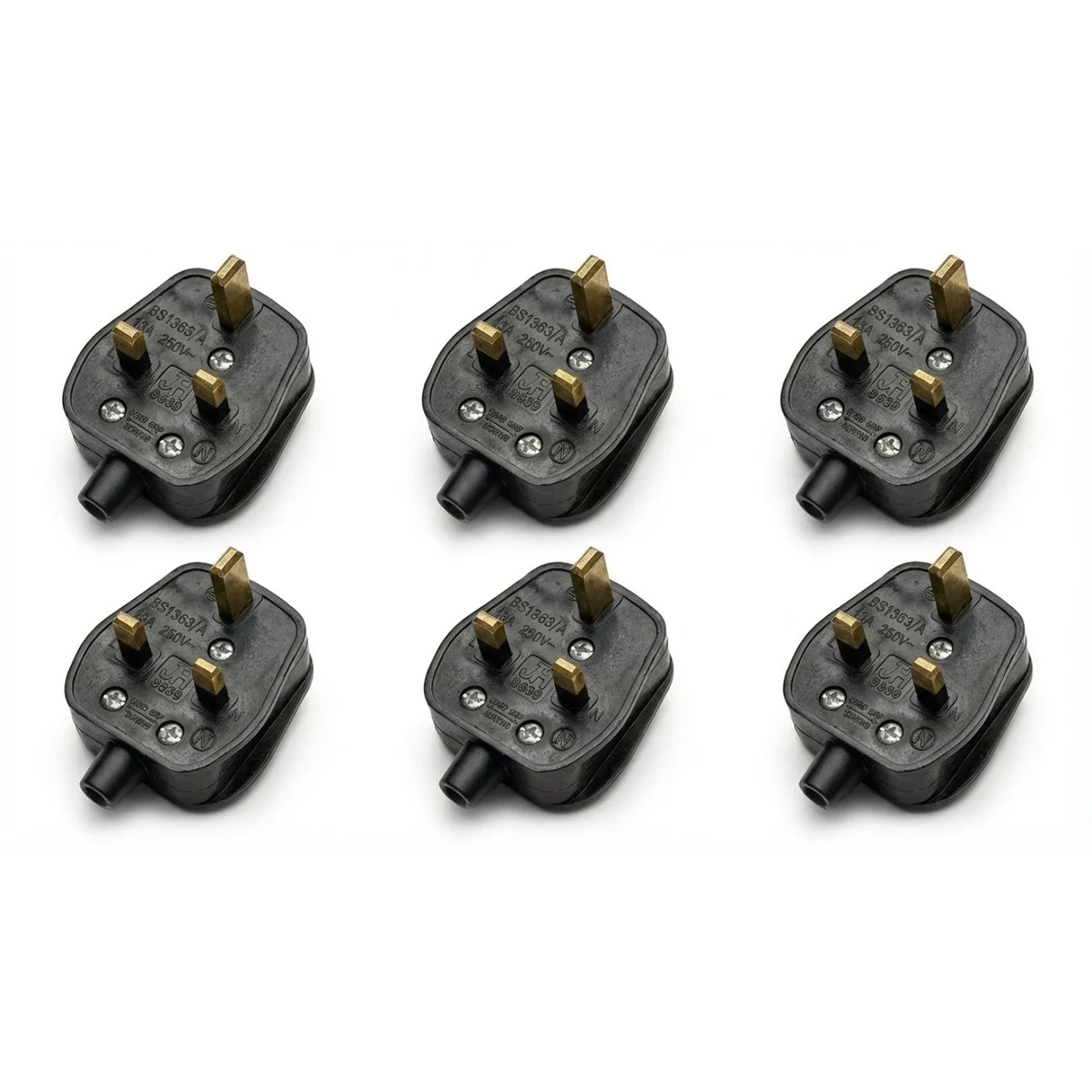 Set of six UK 3 pin plugs with ABS casing, solid brass terminals, and pre-fitted 13A cartridge fuses on white background