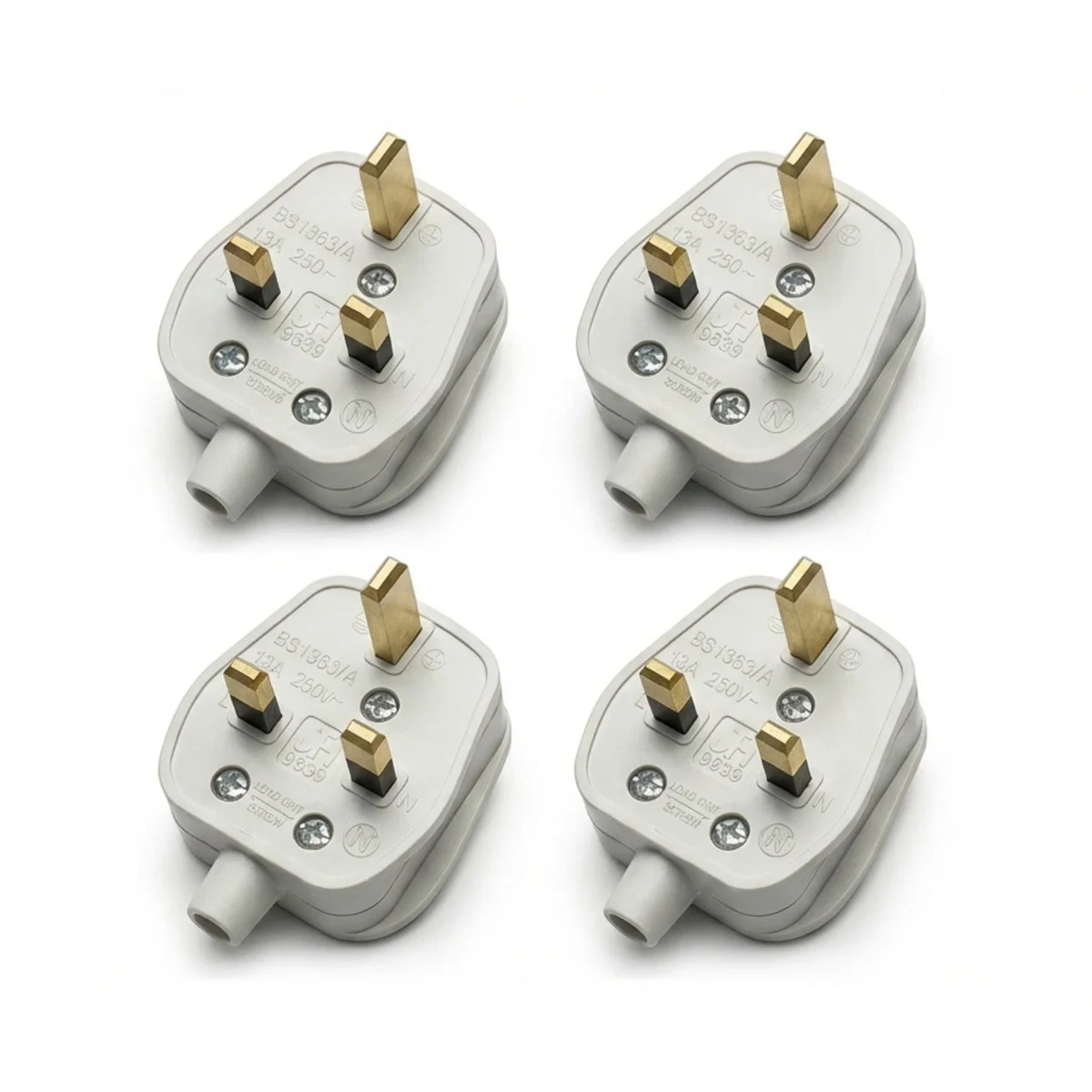 Set of UK 3 pin plugs with ABS casing, solid brass pins, and pre-fitted 13A cartridge fuses for electrical safety
