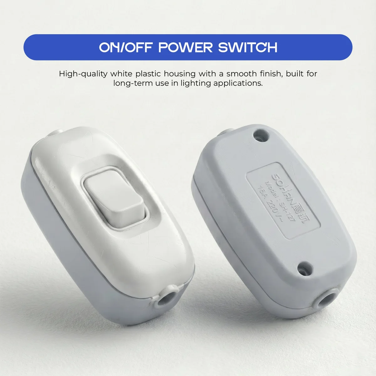 White inline rocker switch with rocker button, transparent terminals, and heat-resistant plastic housing for 220V 16A use