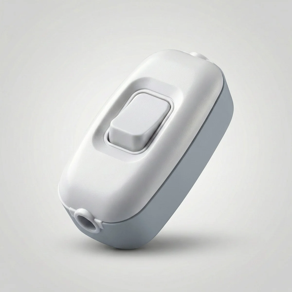 White 220V inline switch with rocker button, heat-resistant plastic housing, and transparent wire terminals shown close-up.