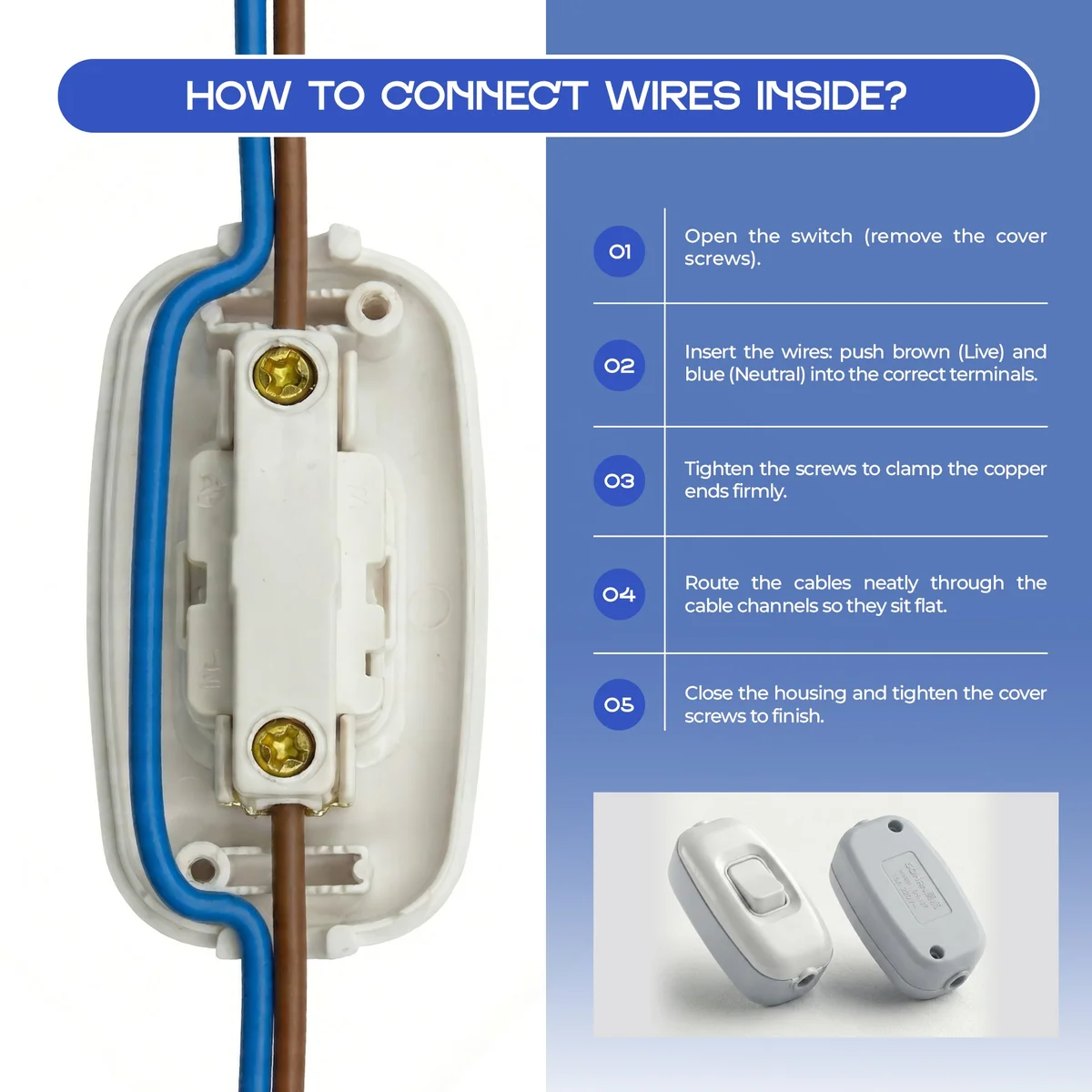 White rocker switch with transparent terminals and heat-resistant plastic housing for inline on/off control