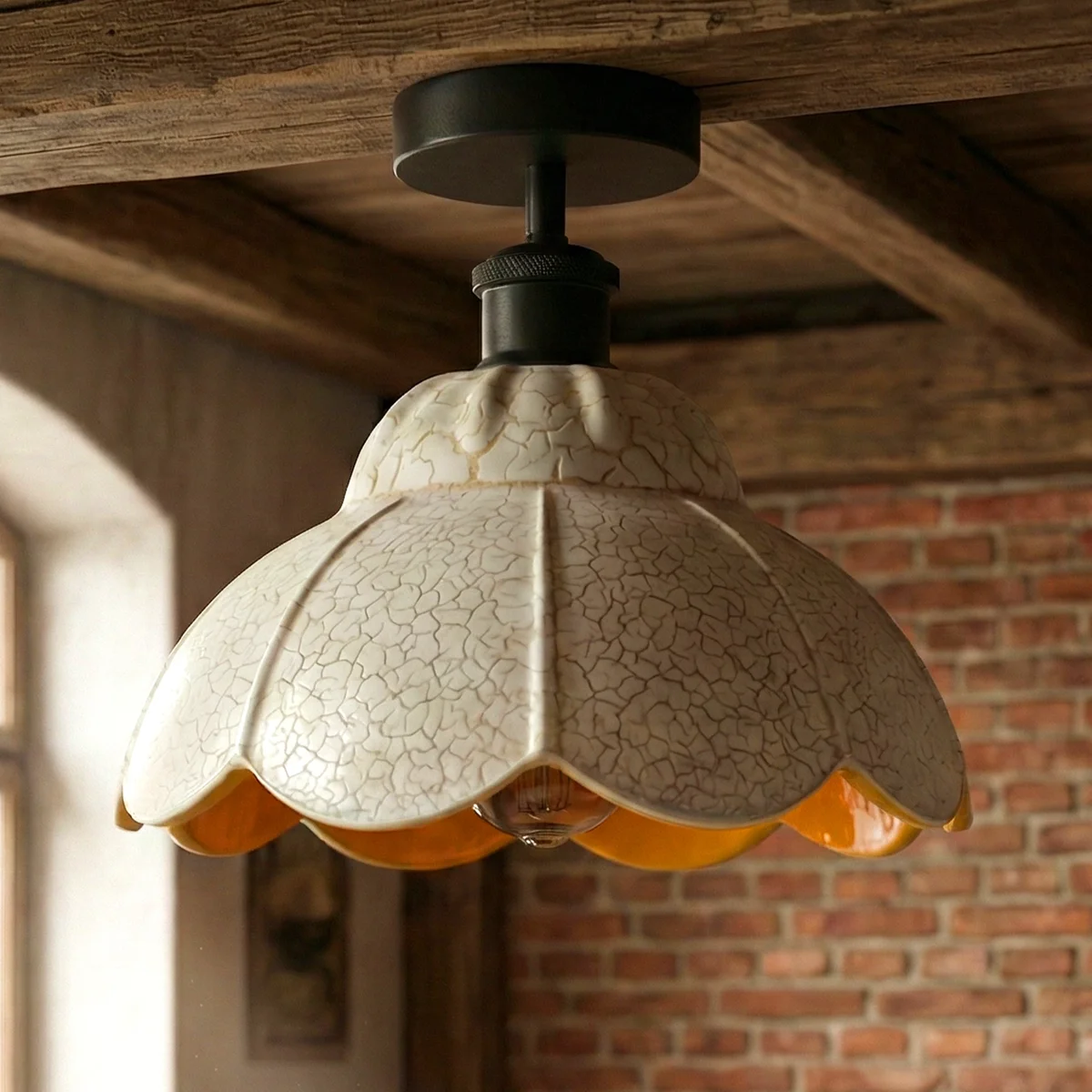 Vintage ceiling light with black metal finish and white crackle glass shade, semi flush mount design, E27 holder included