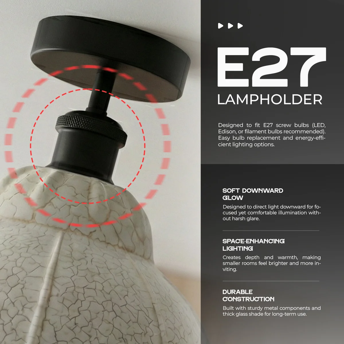 Vintage ceiling light with white crackle glass shade, black metal holder, and ceiling rose, E27 bulb fitting visible