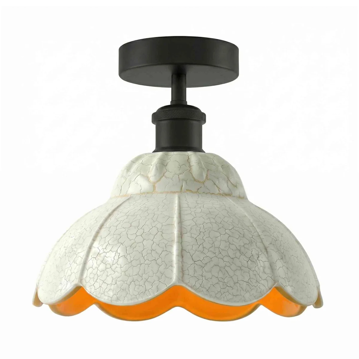 Vintage black metal E27 ceiling light with white crackle glass shade and black ceiling rose, shown from side angle