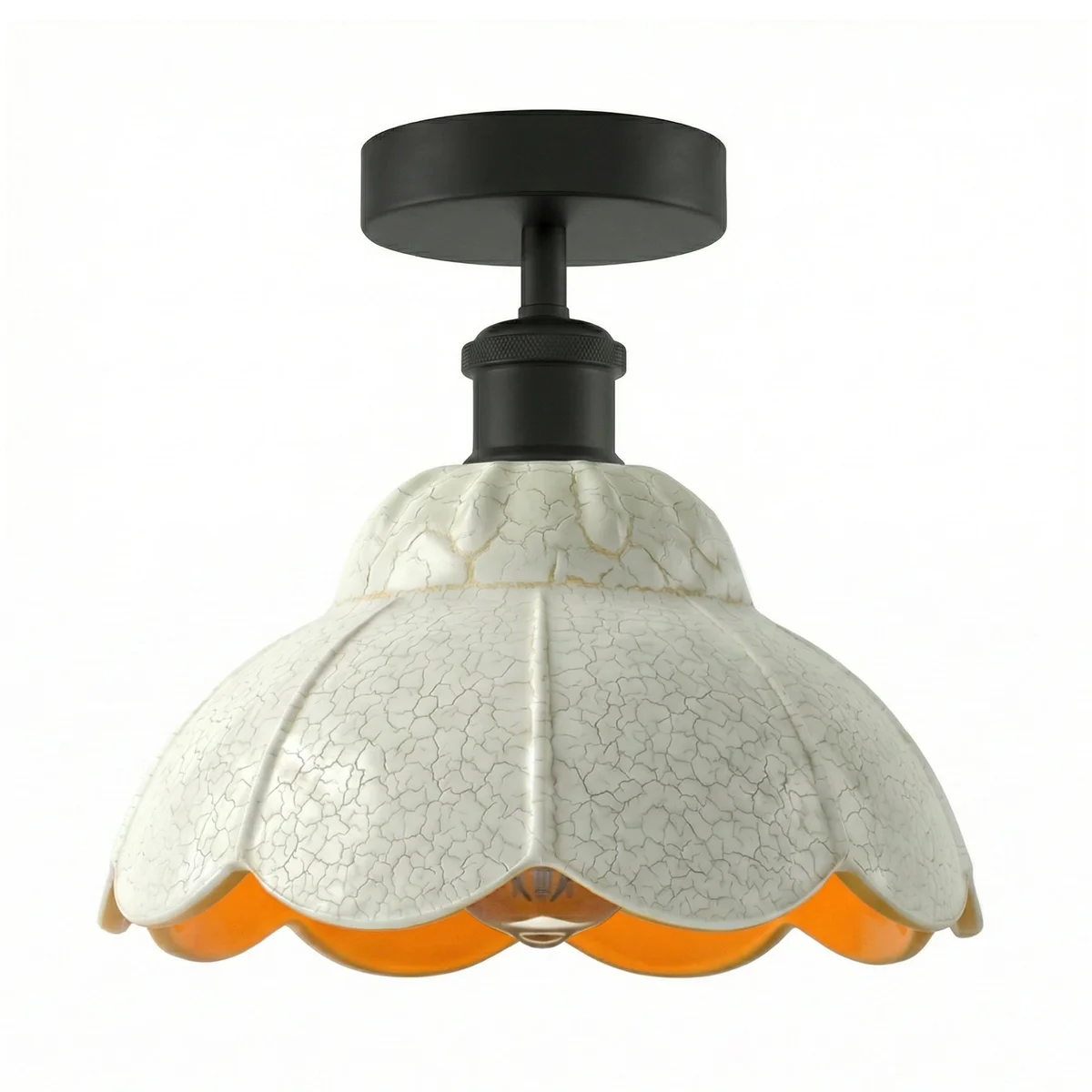 Vintage semi flush mount light with white crackle glass shade and black metal ceiling rose and E27 holder visible from below