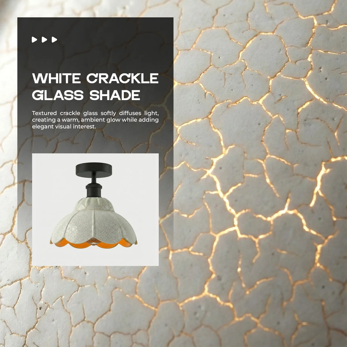 Vintage black metal and glass light with white crackle glass shade and black ceiling rose, semi-flush mount design