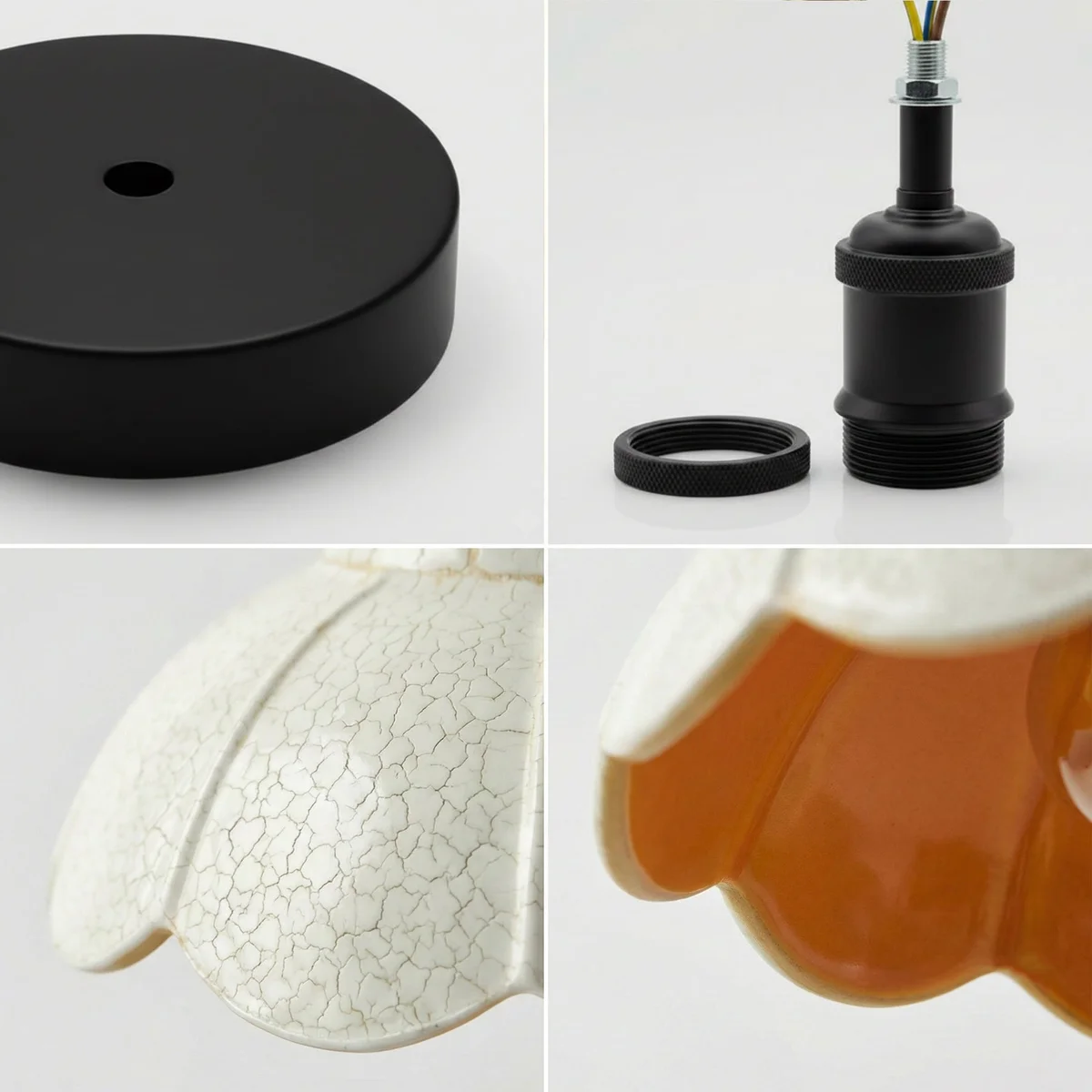 Vintage ceiling light with white crackle glass shade, black metal holder, and ceiling rose, shown installed on ceiling