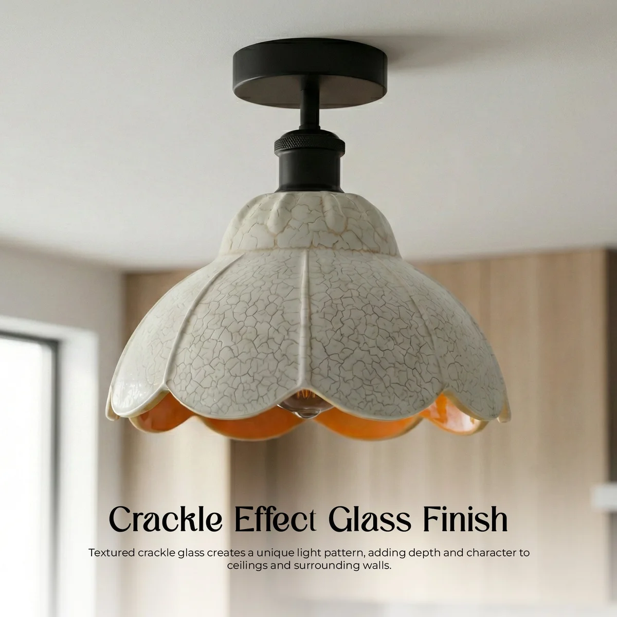 Vintage ceiling light with white crackle glass shade and black metal holder, shown mounted on a ceiling