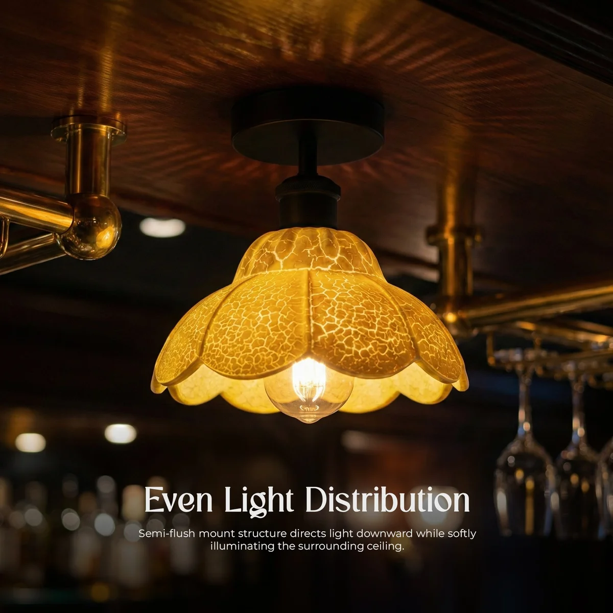 Vintage ceiling light with white crackle glass shade and black metal holder, ceiling-mounted semi flush design