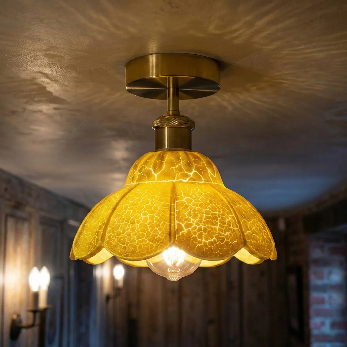 Vintage ceiling light with white crackle glass shade and French gold finish semi flush mount design
