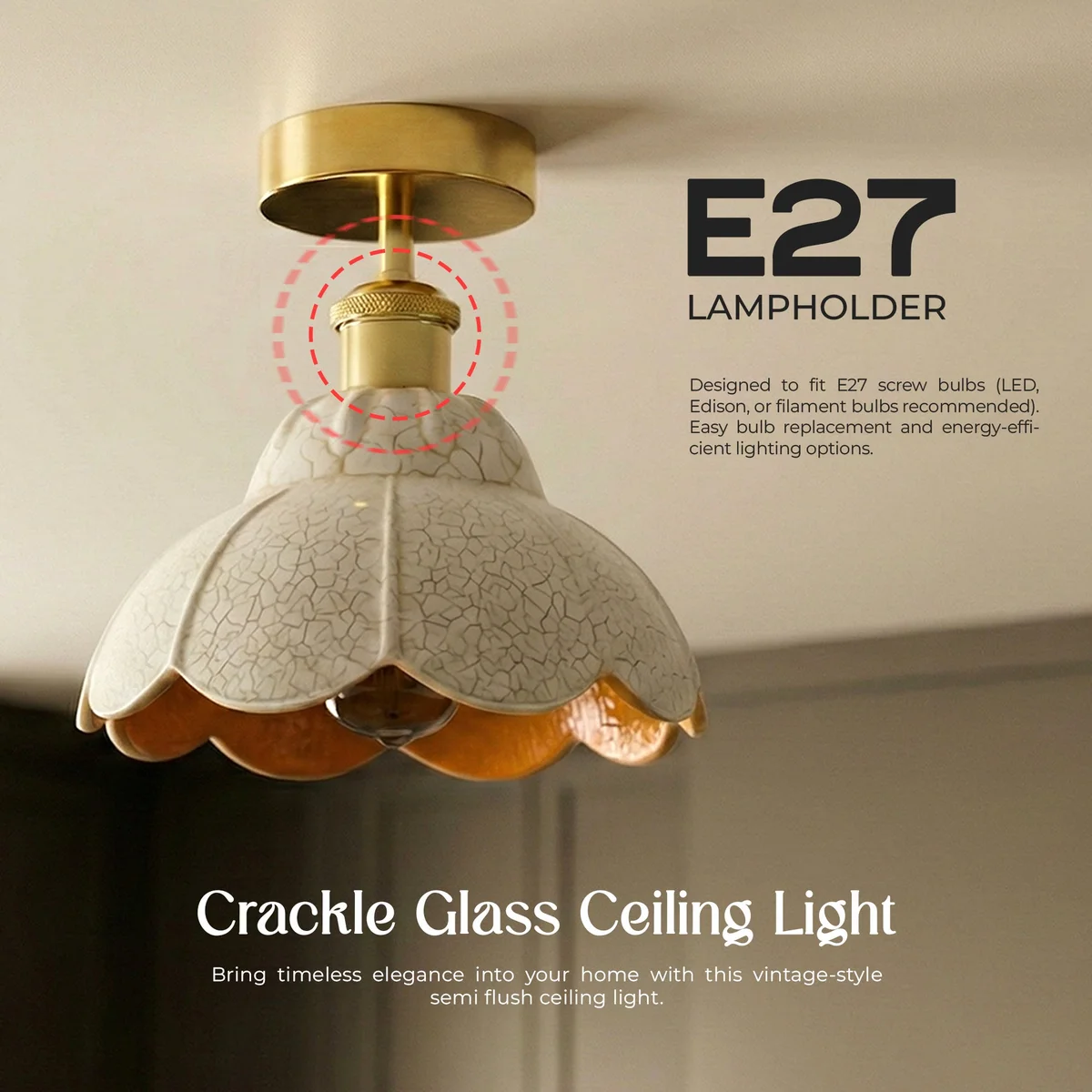 Vintage semi flush ceiling light with white crackle glass shade and French gold finish, 20cm diameter, ceiling-mounted