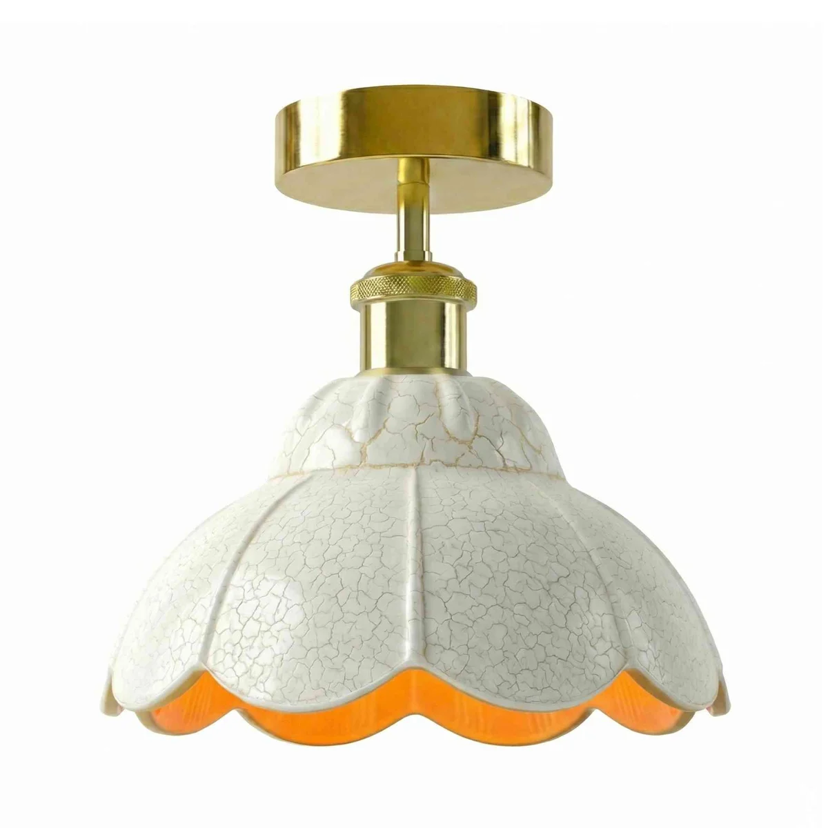 Vintage white glass ceiling light with crackle shade and orange inner tint, French gold metal ceiling rose and holder