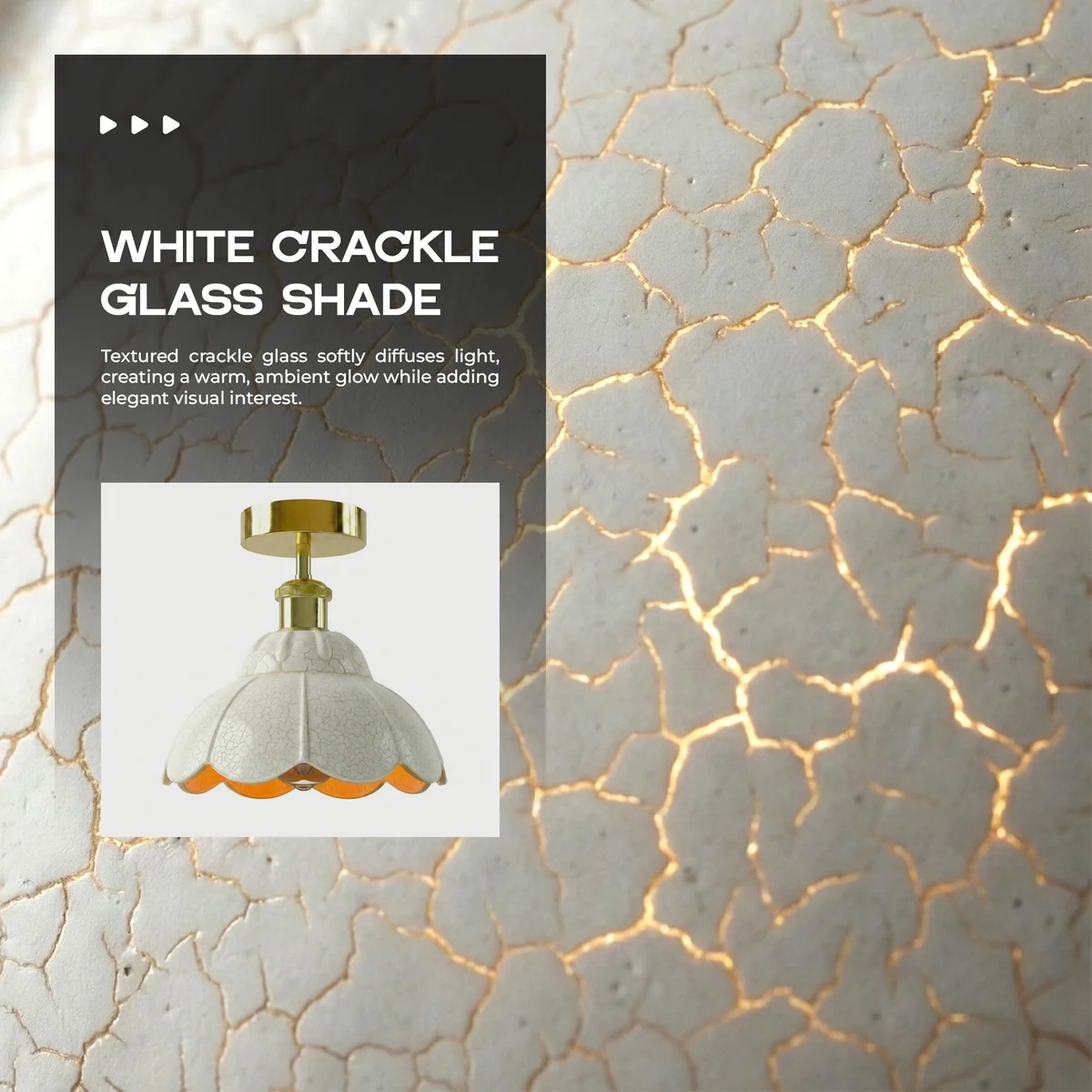 Vintage semi flush E27 bulb ceiling light with white crackle glass shade and French gold finish, ceiling-mounted fixture