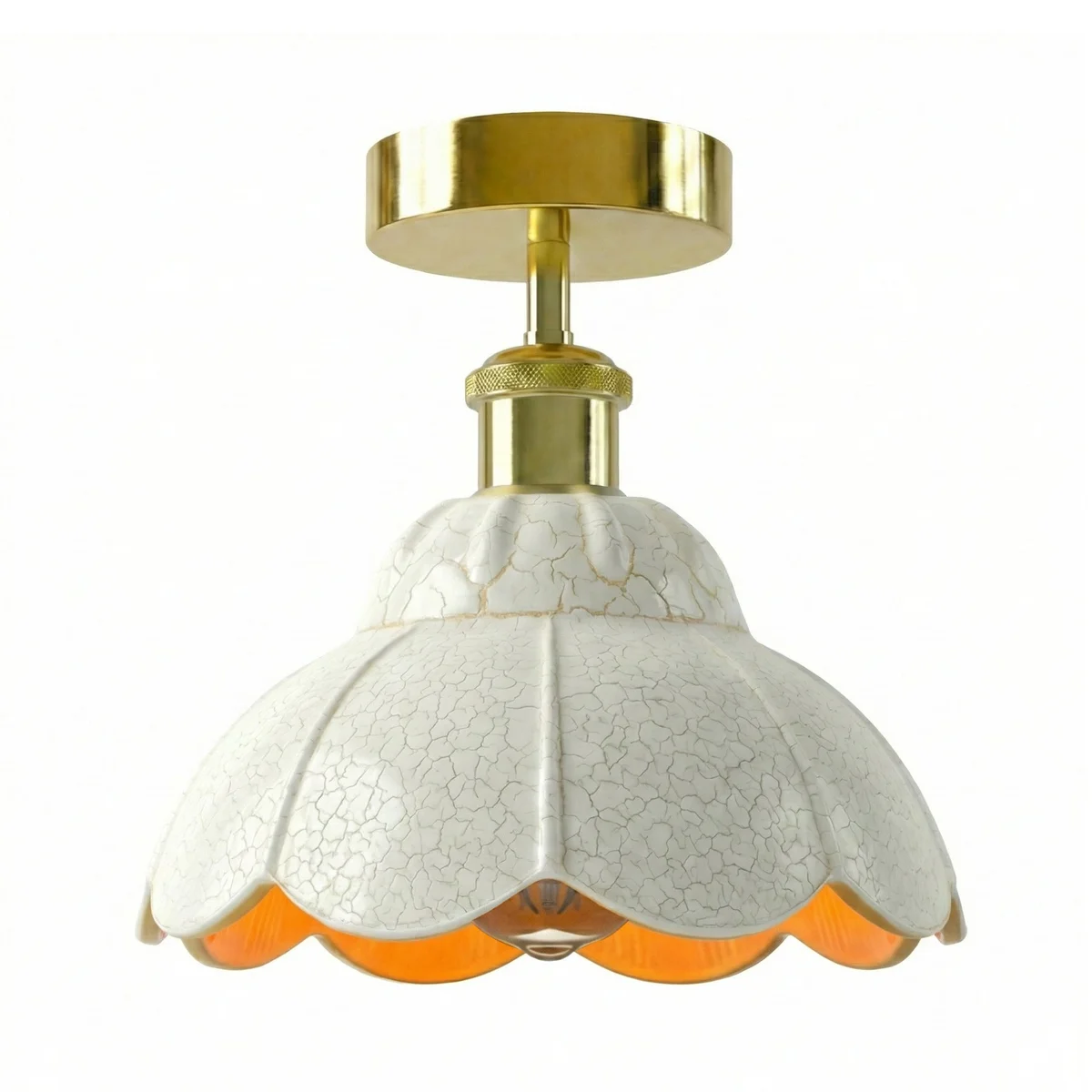 Vintage french gold ceiling light with white crackle glass shade and orange inner tint, semi flush mount design