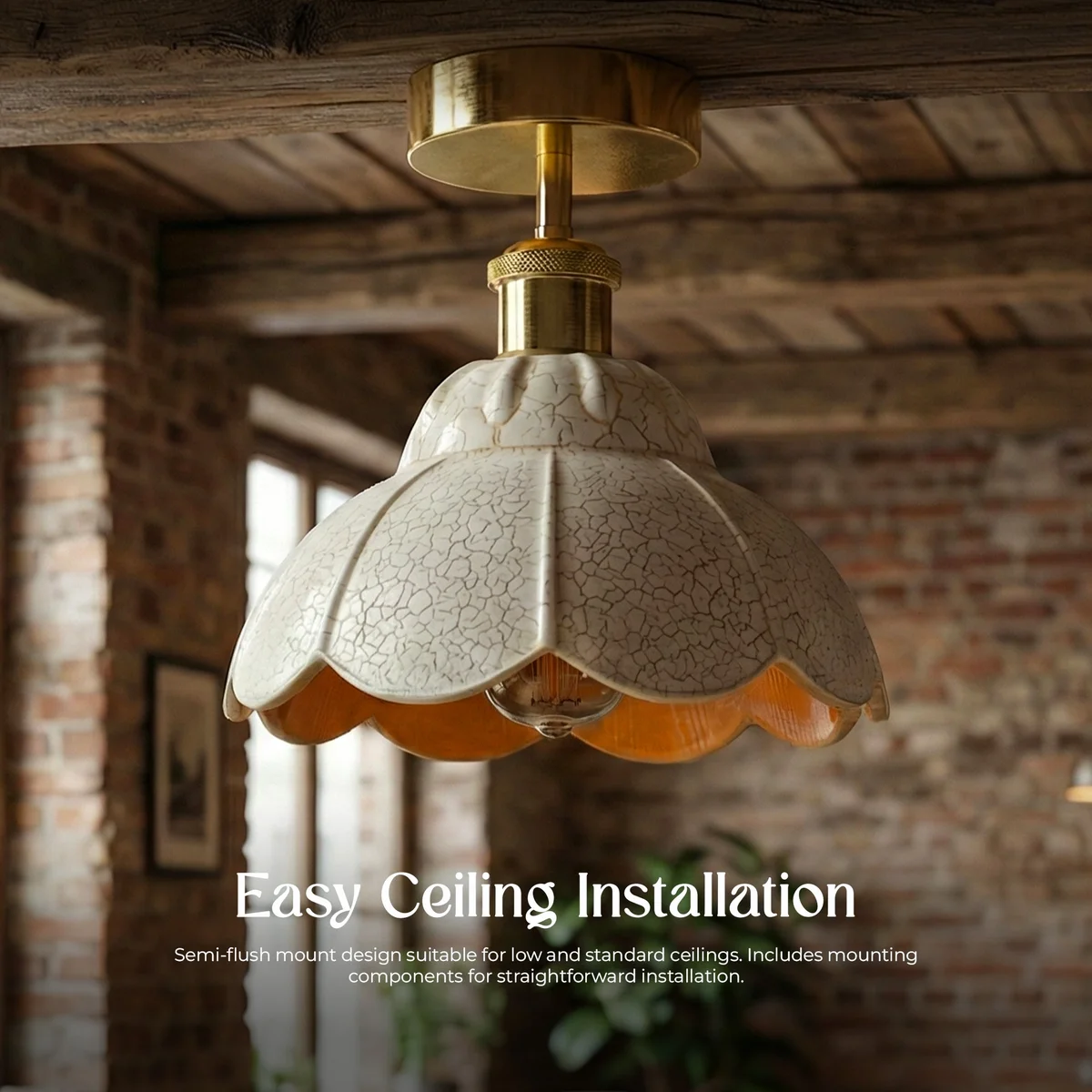 Vintage ceiling light with white crackle glass shade and orange inner tint, French gold finish, semi flush mount design