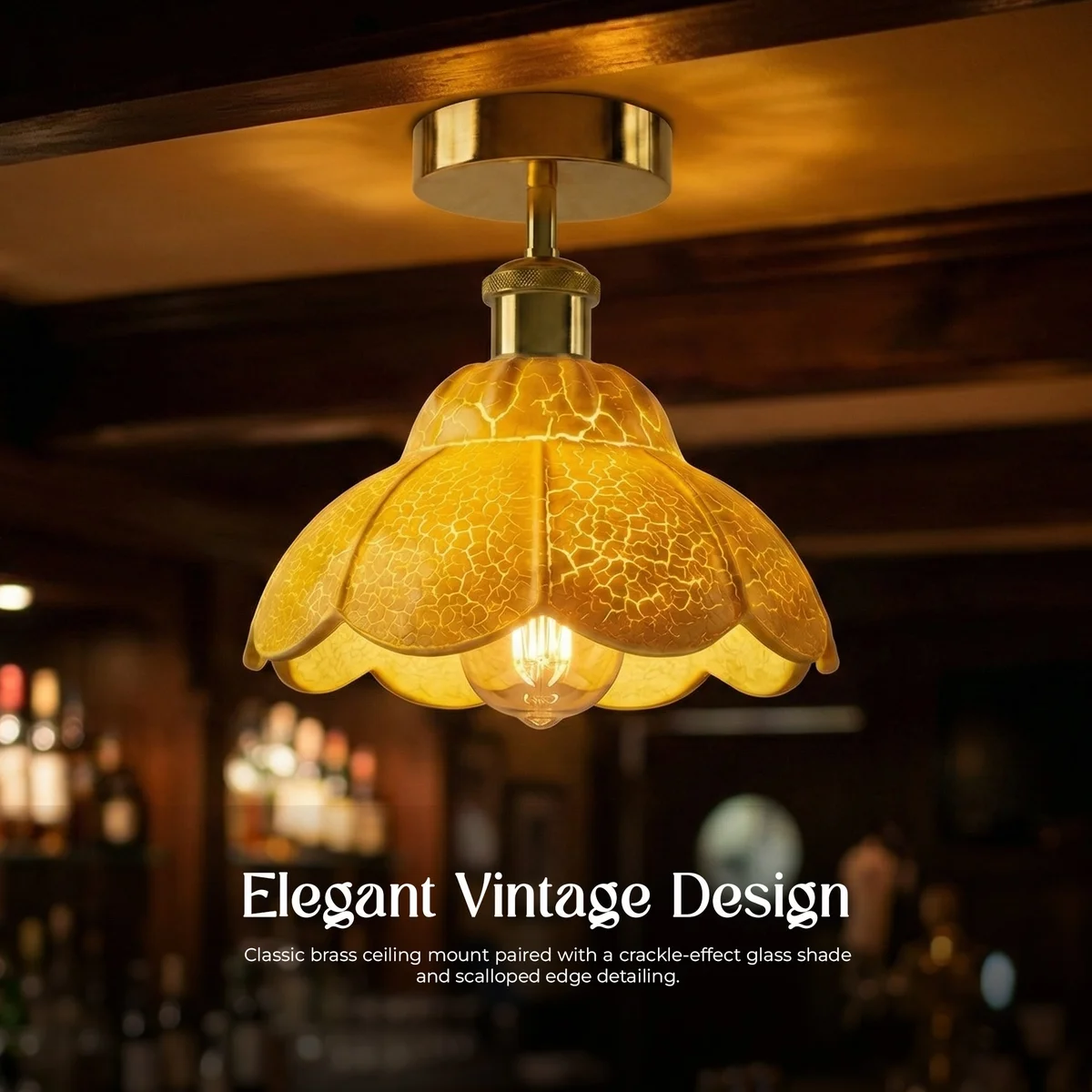 Vintage ceiling light with white crackle glass shade and orange inner tint, French gold finish, semi flush mount design