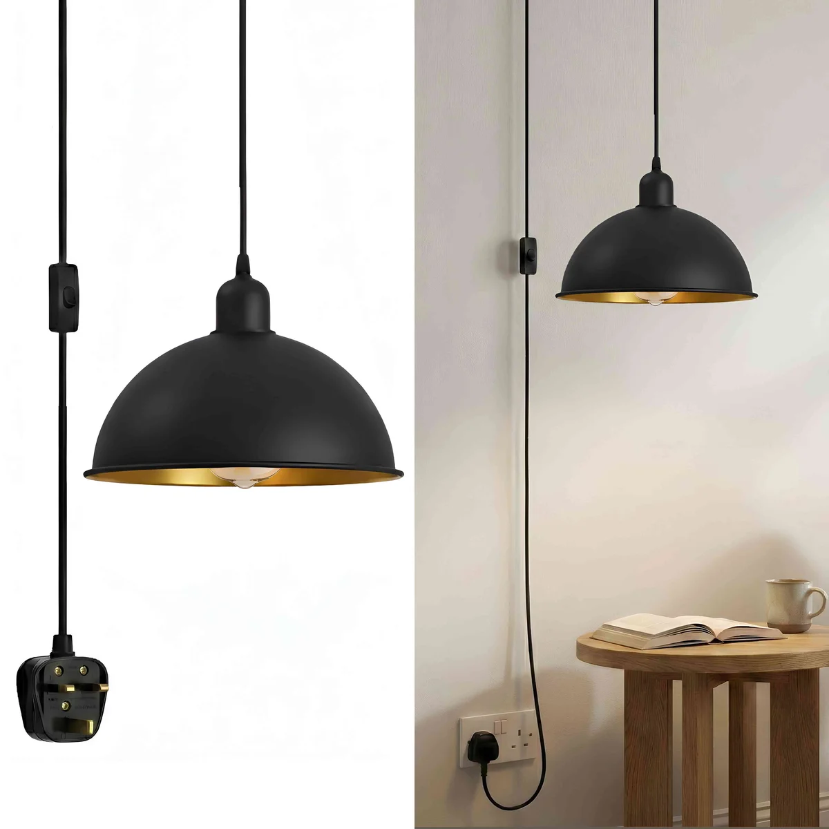 Black industrial plug in pendant light with 21cm shade, 4m cord, and on/off switch for easy installation and control