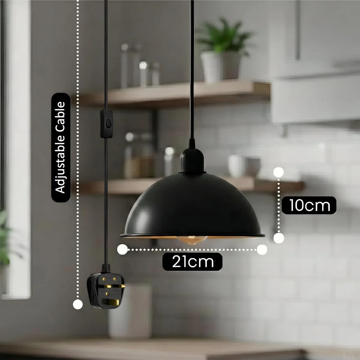 Black industrial swag lamp with 21cm shade, 4m plug-in cord, and on/off switch hanging from ceiling hooks