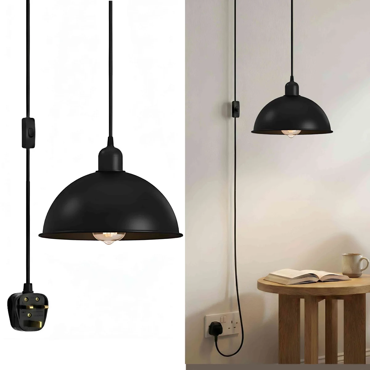 Black adjustable height pendant lamp with 21cm shade, long 4m cord, and on/off switch on plug-in cord