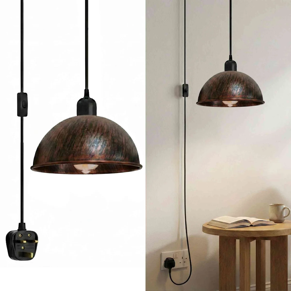 Black vintage ceiling light with 21 cm shade, long 4m cord, and on/off switch on plug-in pendant swag lamp