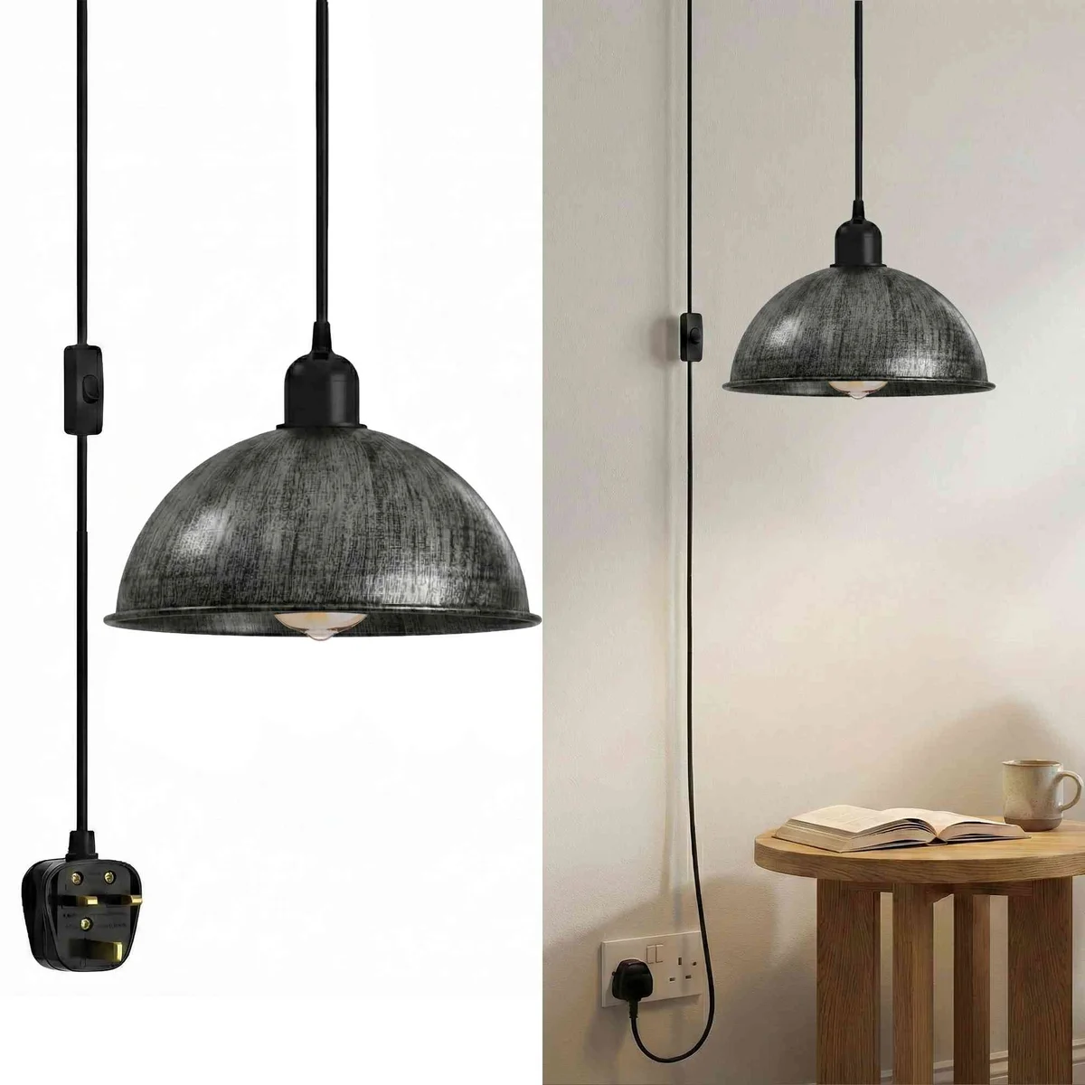 Black pendant light with switch on cord, 21cm shade, hanging from ceiling with 4m plug-in cord and hooks