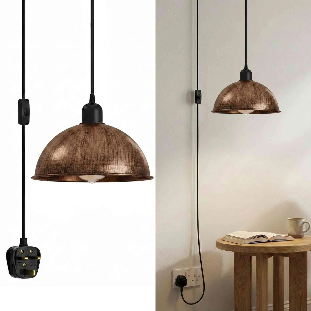 Black vintage plug in pendant light with 21cm shade and 4m cord hanging from ceiling with on/off switch on cord