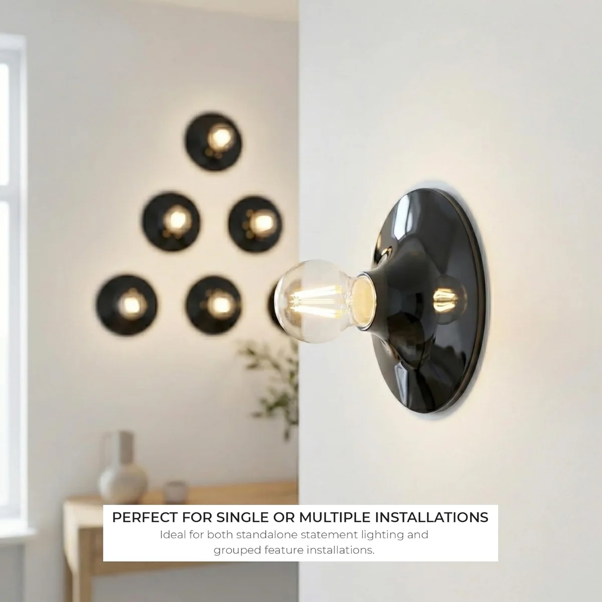 Black ceramic wall and ceiling light fitting with 150mm base showing push fit connector light installation detail