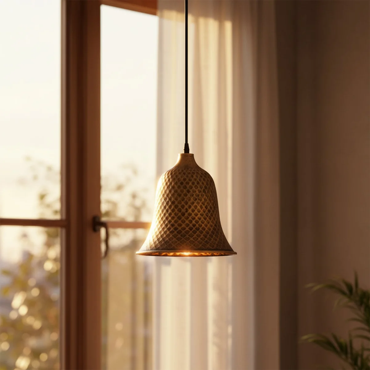 Copper bell-shaped industrial pendant light with white interior and adjustable cord hanging against white background