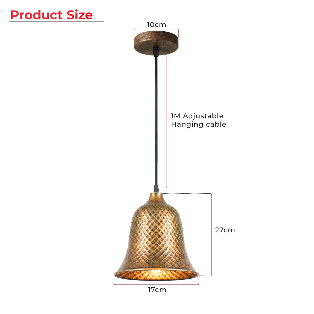 Bell-shaped copper pendant light with antique bronze finish and white interior, hanging from adjustable cord