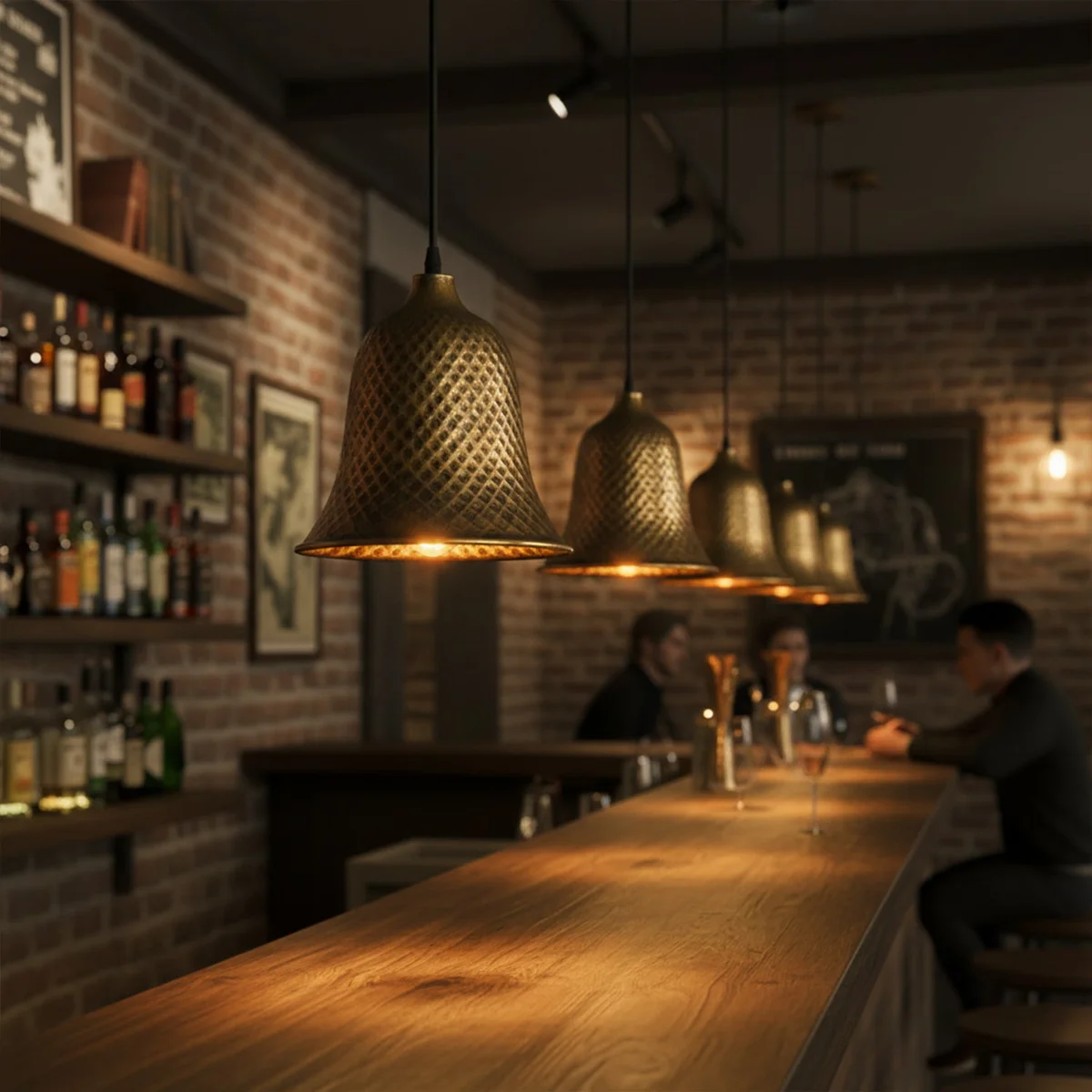 Copper bell shaped pendant light with white interior, hanging from adjustable cord against plain background