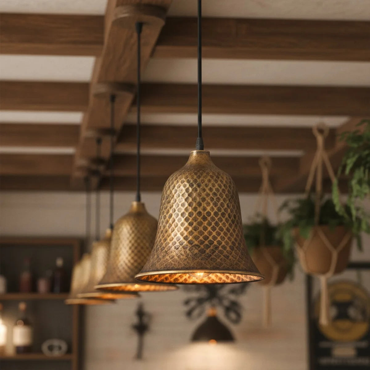 Copper bell-shaped pendant light with white interior, adjustable cord, E27 ceiling light for industrial decor