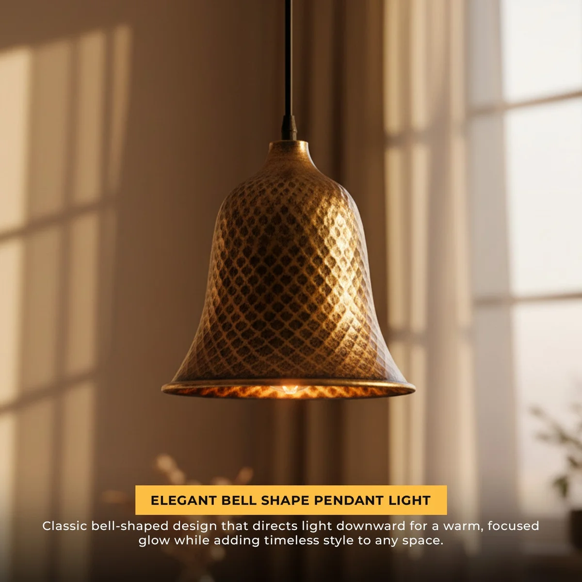 Copper bell-shaped adjustable hanging pendant light with white interior and 1m adjustable cord on plain background