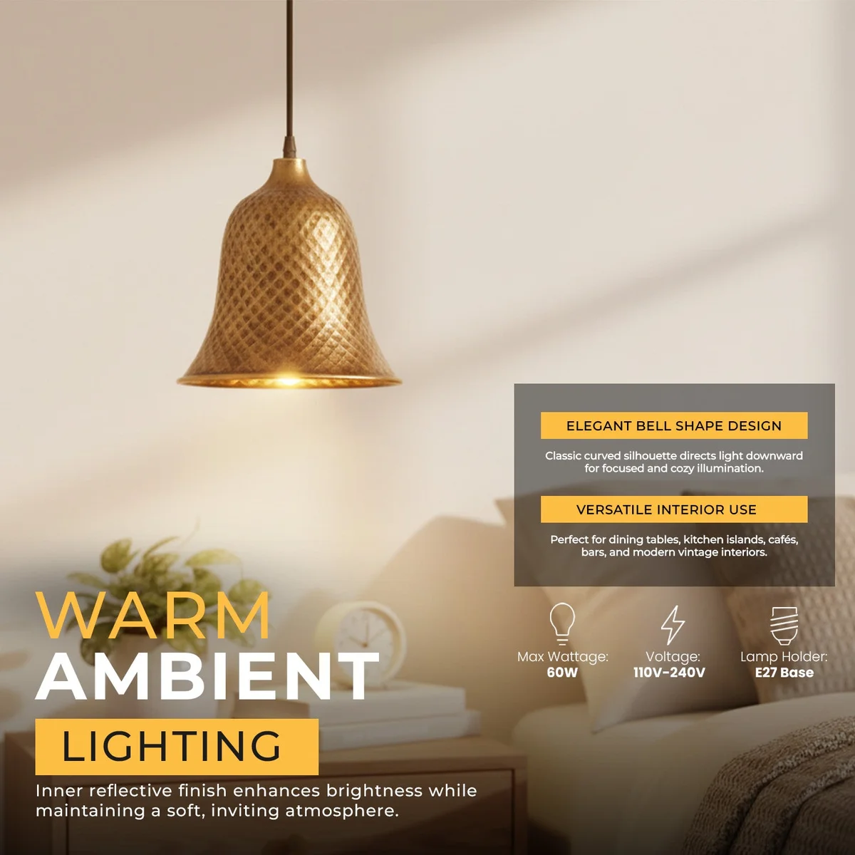 Copper bell-shaped vintage pendant lighting with white interior, hanging from adjustable cord against white background