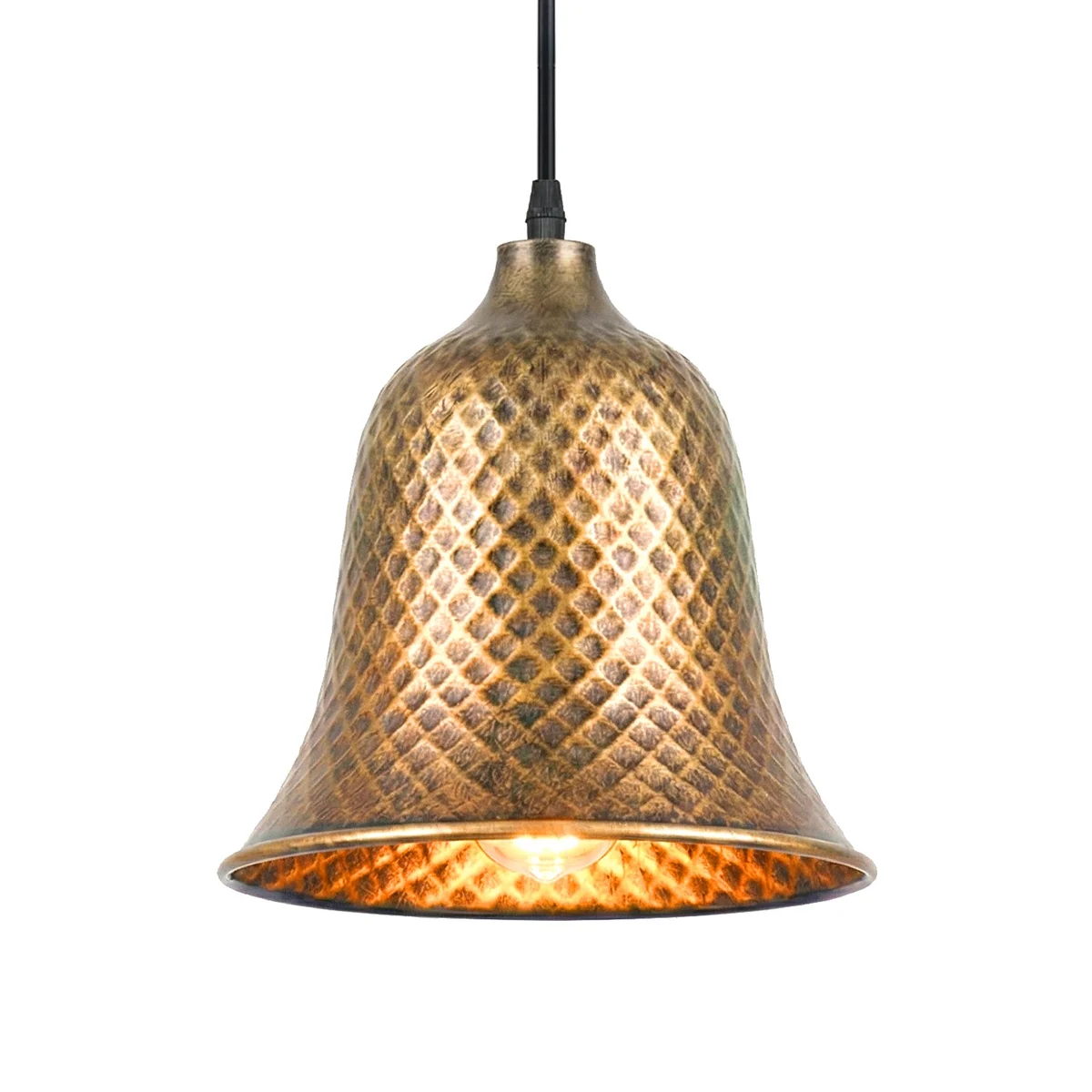 Copper bell-shaped industrial pendant light with white interior and adjustable hanging cord against a plain background