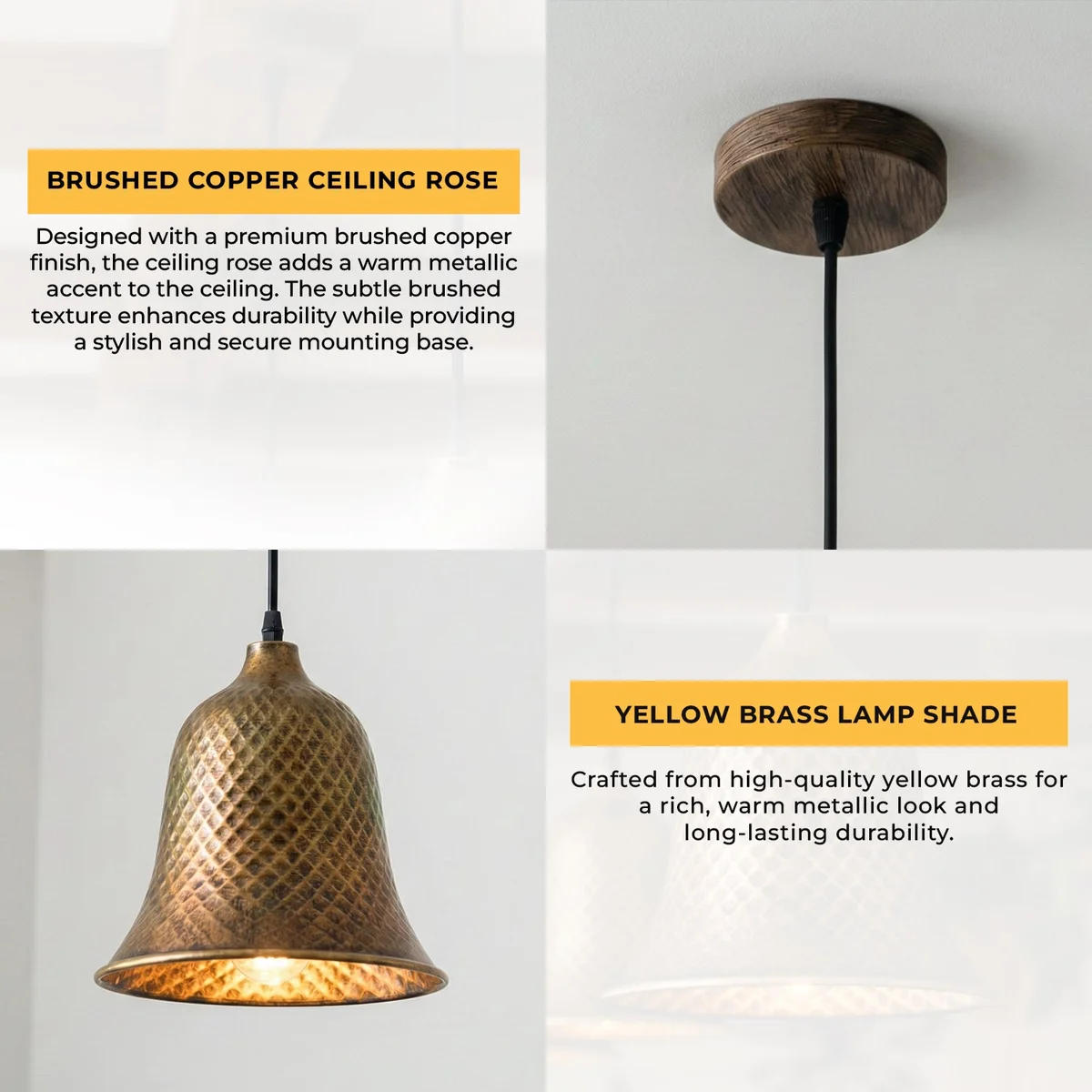 Copper bell-shaped industrial pendant light with white interior and adjustable hanging cord against a plain background