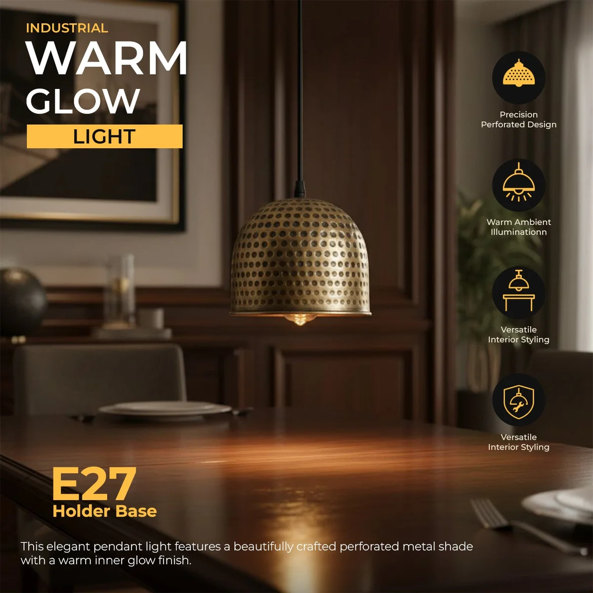 Bronze 16cm hammered metal industrial pendant light with rope detail hanging above kitchen island with warm glow