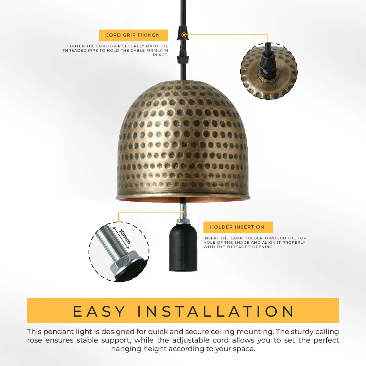 Bronze 16cm metal pendant light with hammered finish hanging over kitchen island, showing rustic industrial style