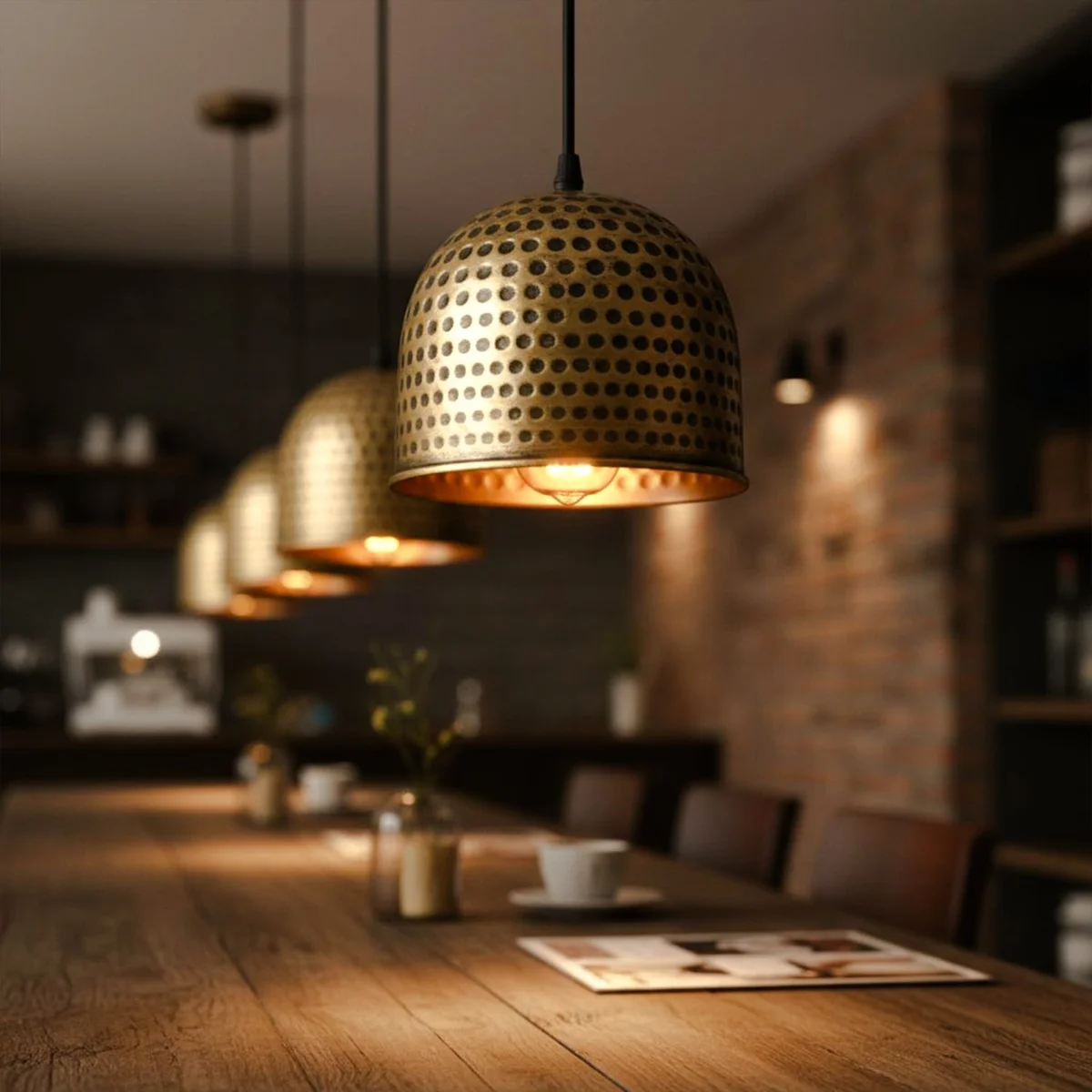 Bronze 16cm hammered metal pendant light with rustic finish hanging over kitchen island lighting setup