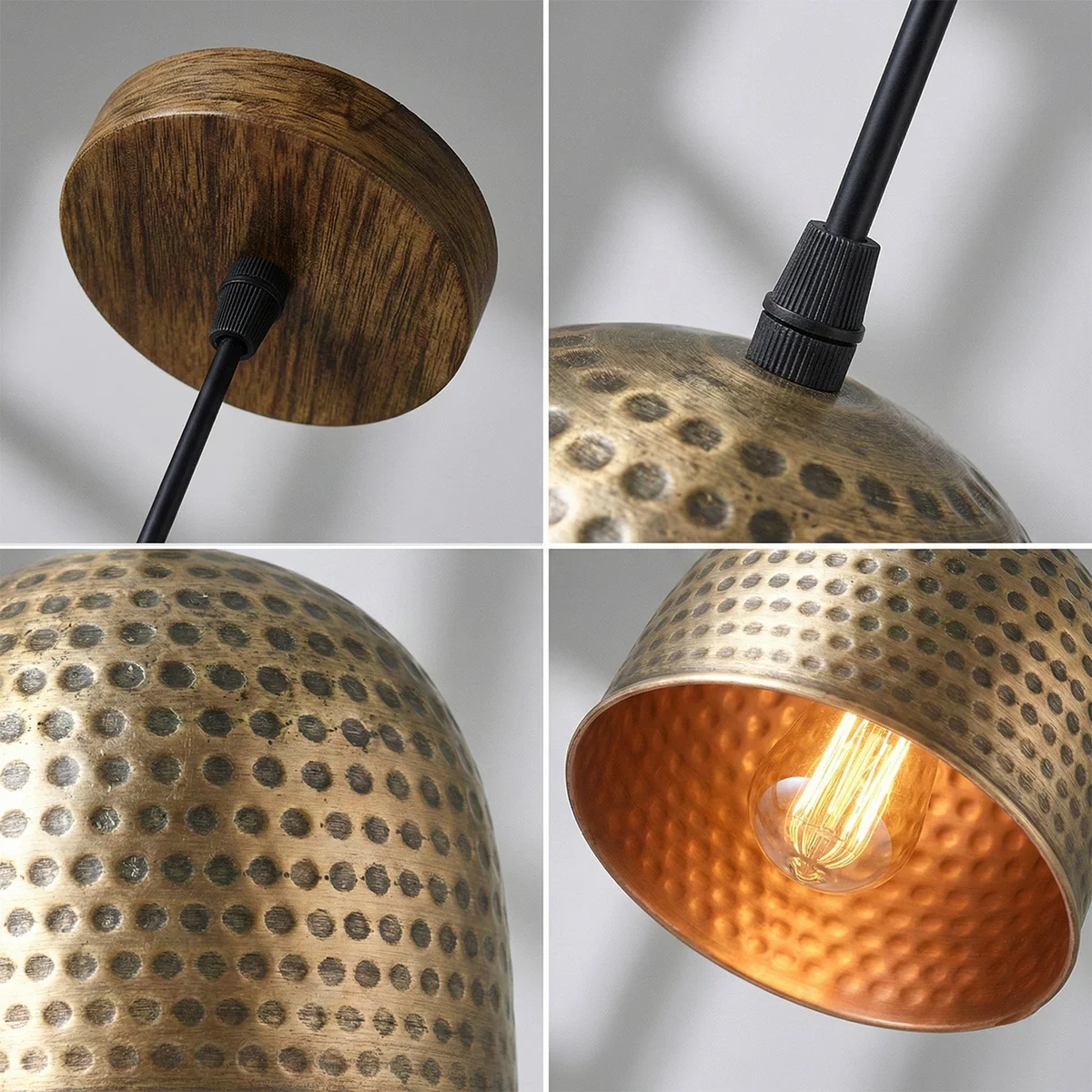 Bronze 16cm hammered metal shade E27 bulb pendant light with rustic finish hanging over kitchen island