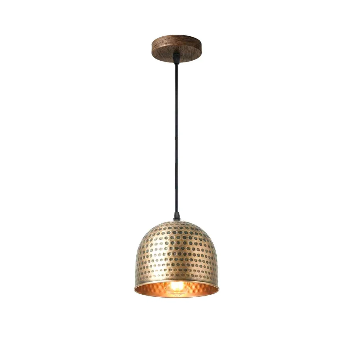 Bronze 16cm industrial pendant light with hammered metal shade and rope detail hanging over kitchen island