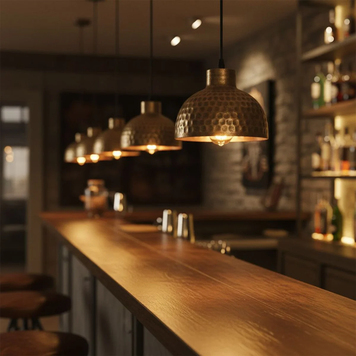 Copper pendant light with hammered metal shade and adjustable cord, industrial style ceiling fixture in rustic finish