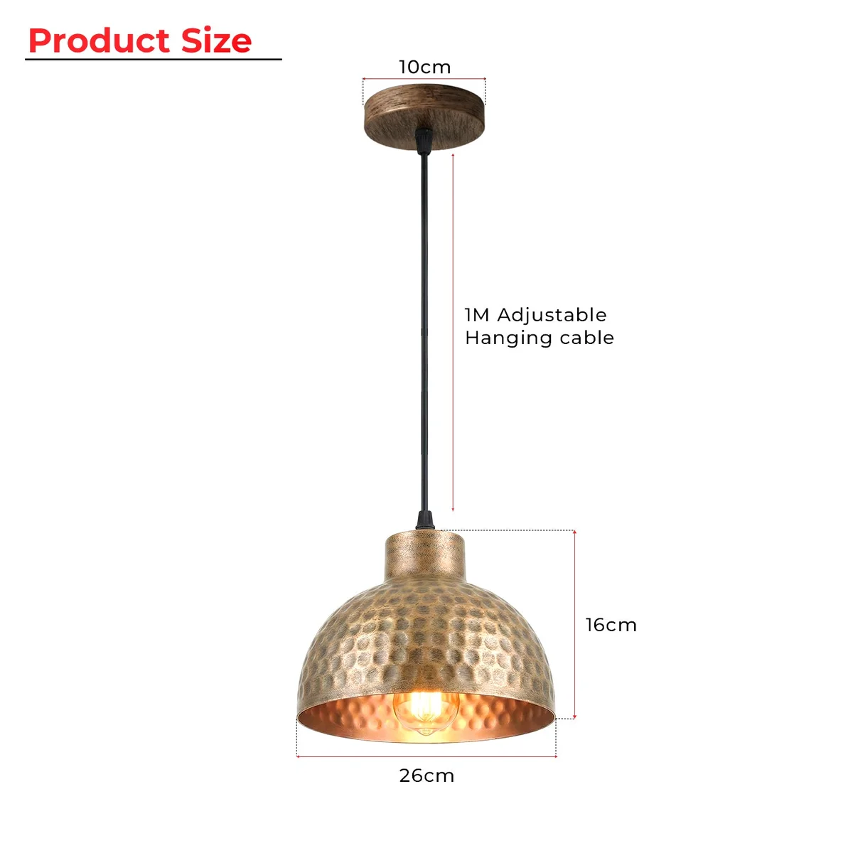 Copper industrial pendant light with hammered metal shade and adjustable 1m hanging cord against white background