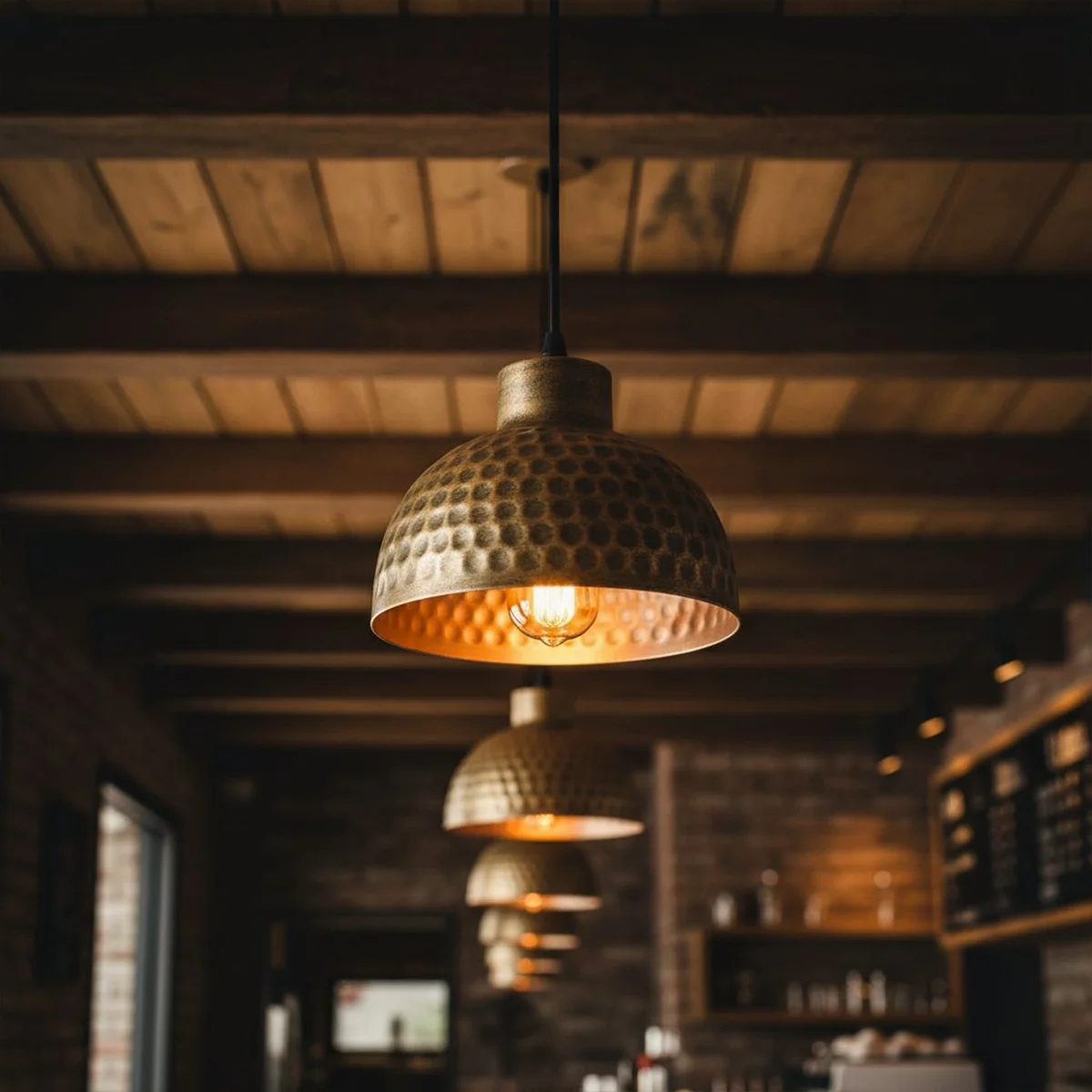 Copper metal pendant light with hammered shade and 1m adjustable pendant lighting cord hanging from ceiling rose
