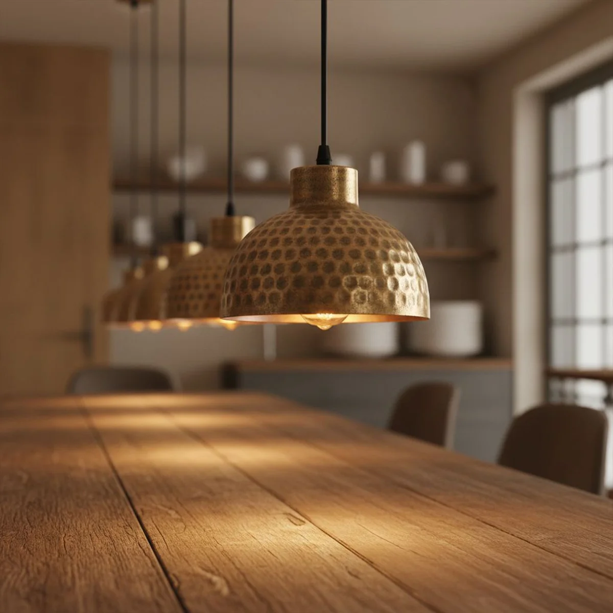 Copper metal ceiling light with hammered dome shade, adjustable 1m cord, ideal for industrial or modern interiors