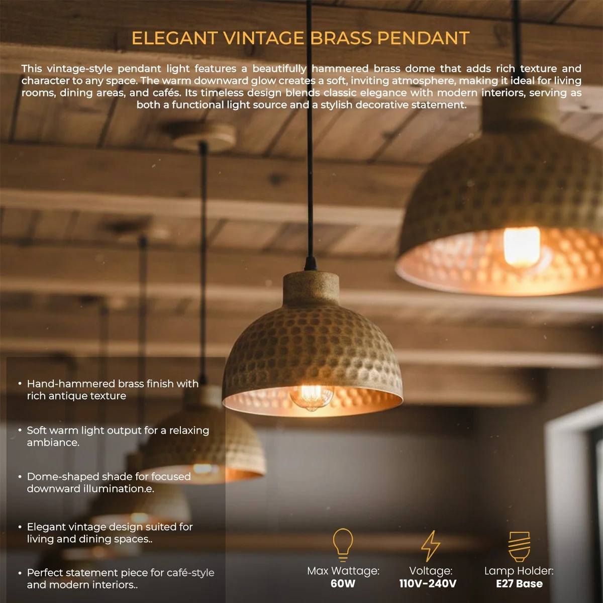 Copper industrial metal E27 pendant light with hammered shade and adjustable 1m hanging cord against white background